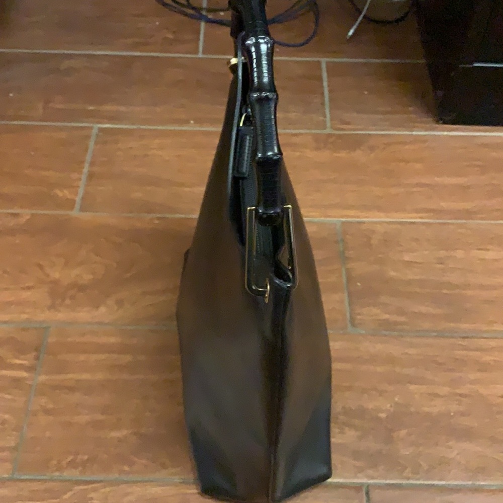 vintage GUCCI black calfskin leather‎ Bamboo handle shoulder hobo tote bag - Picture 11 of 12